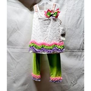 White eyelet Pink Lime Purple Ruffle Ribbon Trim Flower Lime Ruffle Pants 4T